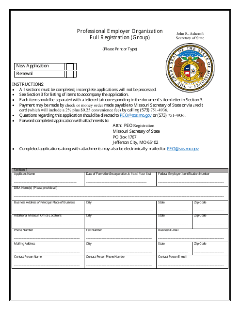 Professional Employer Organization Full Registration (Group) - Missouri Download Pdf