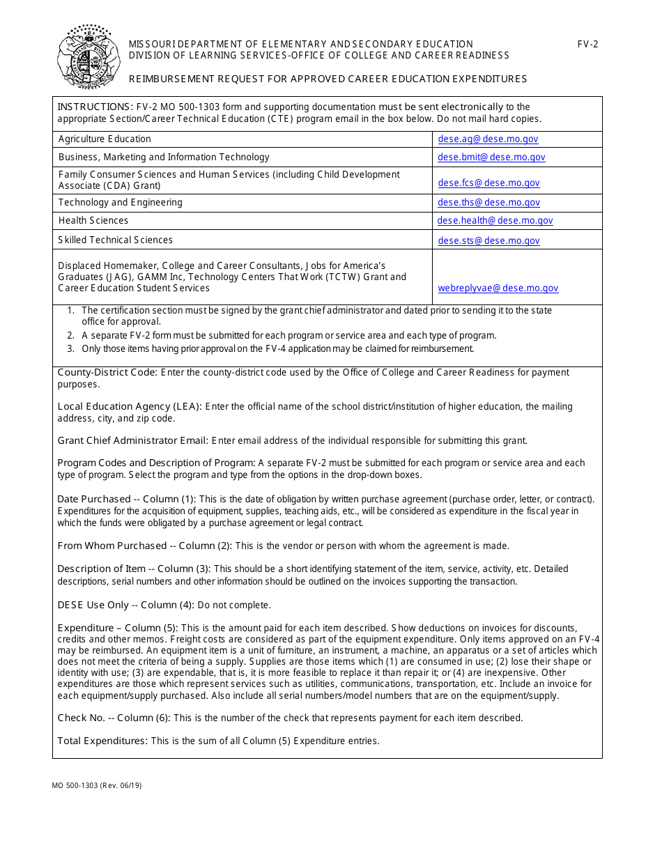 Form FV-2 (MO500-1303) Application for Authorization of Career Education Expenditures - Missouri, Page 1
