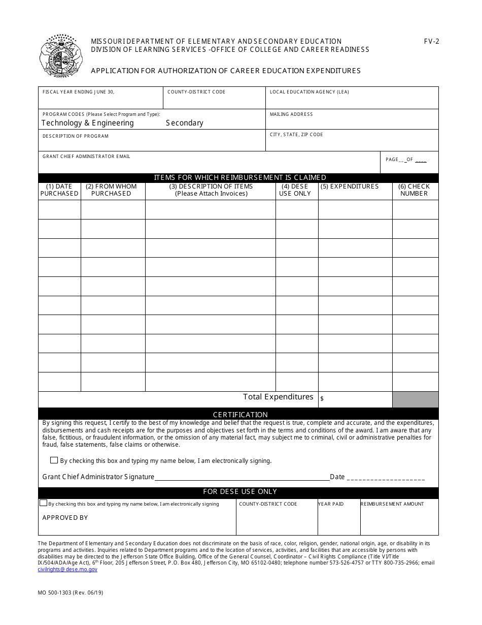 Form FV-2 (MO500-1303) Application for Authorization of Career Education Expenditures - Missouri, Page 2