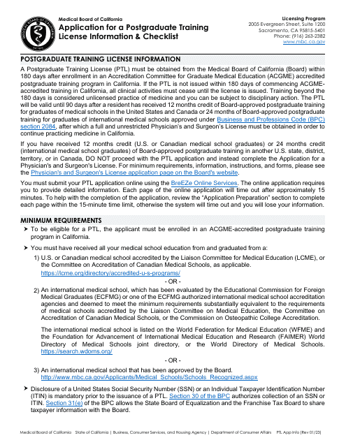 Application for a Postgraduate Training License Information & Checklist - California Download Pdf