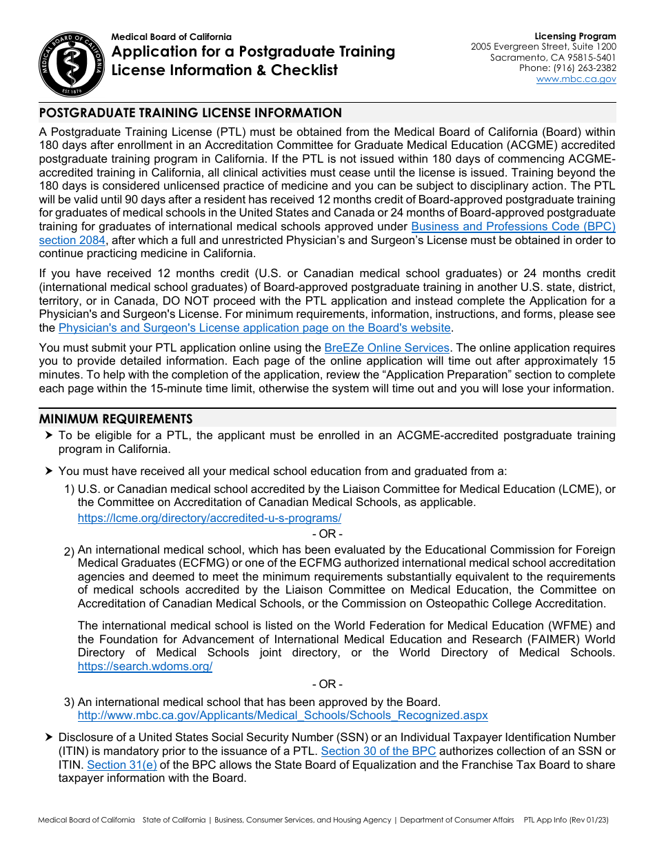 Application for a Postgraduate Training License Information  Checklist - California, Page 1