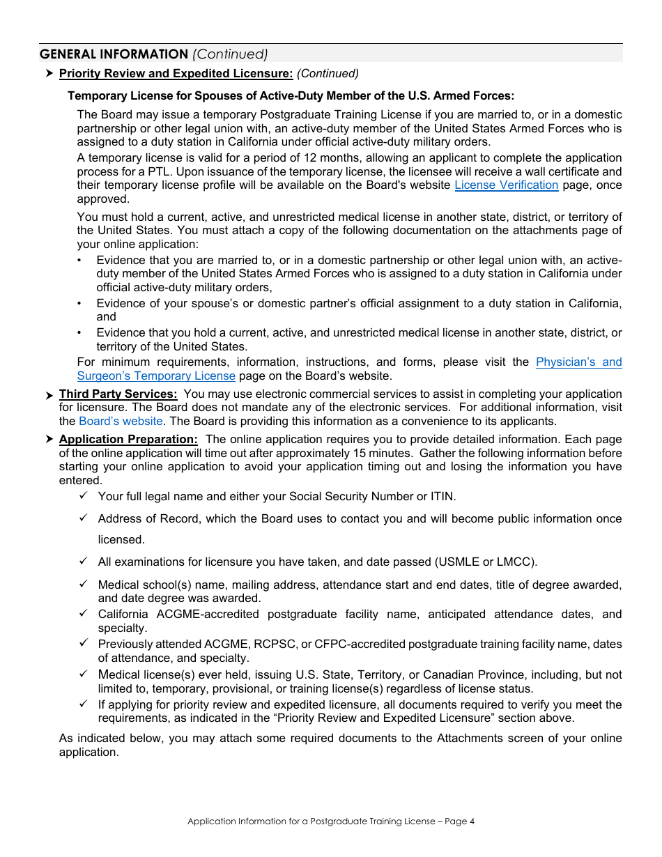 California Application for a Postgraduate Training License Information