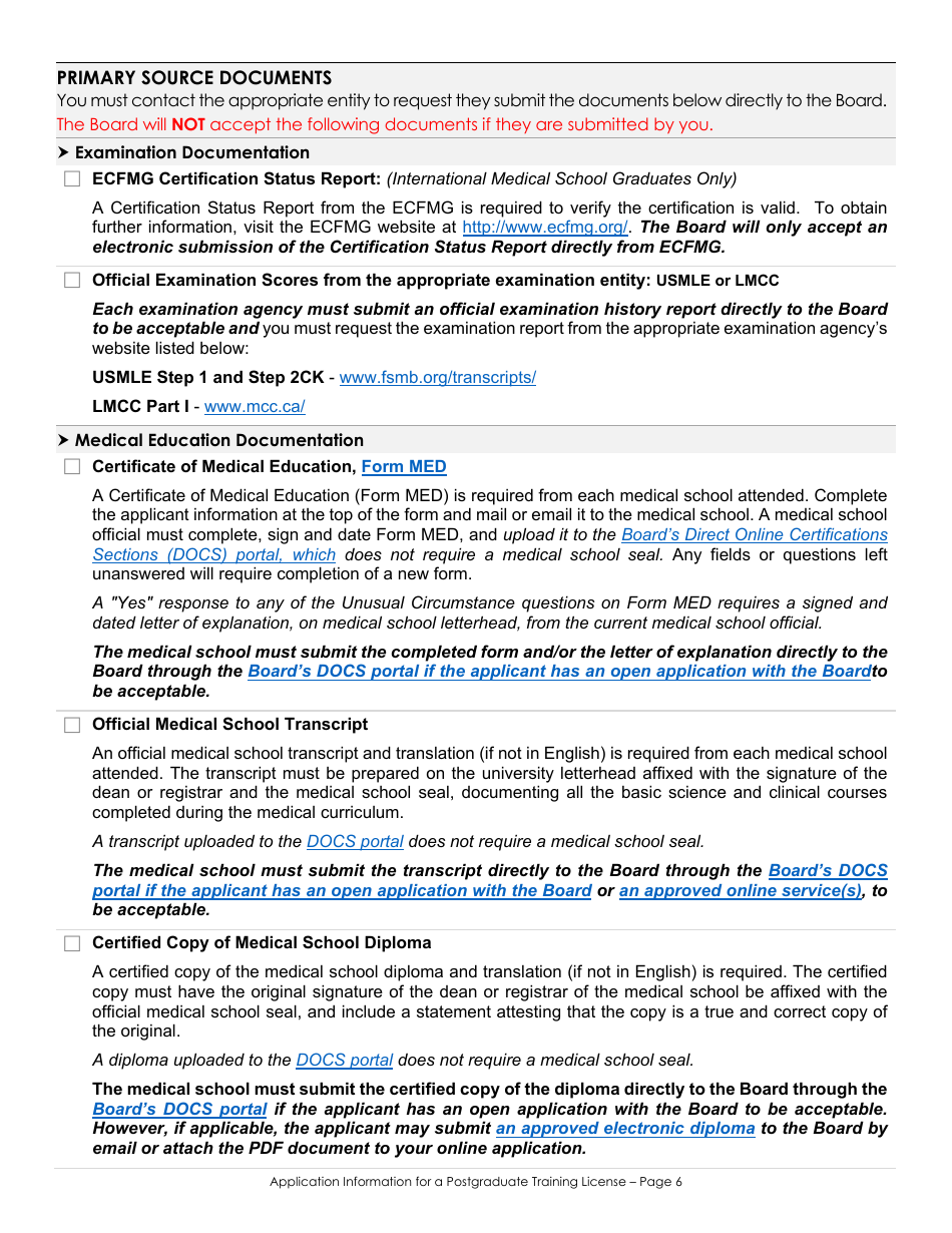 Application for a Postgraduate Training License Information  Checklist - California, Page 6
