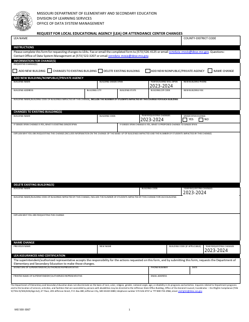 Form MO500-3067 Request for Local Educational Agency (Lea) or Attendance Center Changes - Missouri, 2024