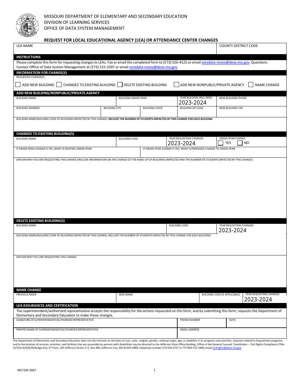 Form MO500-3067 Request for Local Educational Agency (Lea) or Attendance Center Changes - Missouri, Page 1