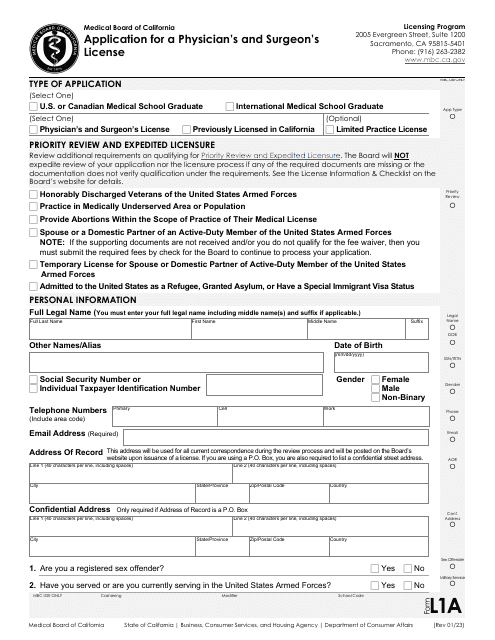 Form L1 Application for a Physician's and Surgeon's License - California