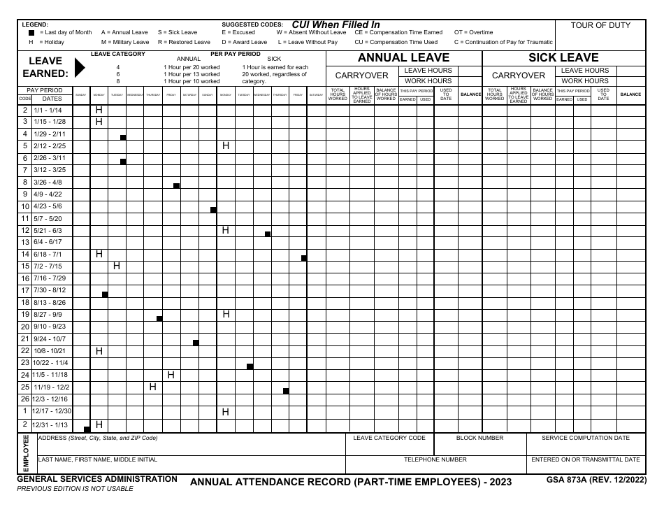 GSA Form 873A Annual Attendance Record (Part-Time Employees), Page 1