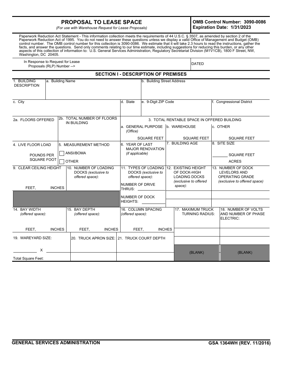 GSA Form 1364WH Proposal to Lease Space (For Use With Warehouse Request for Lease Proposals), Page 1