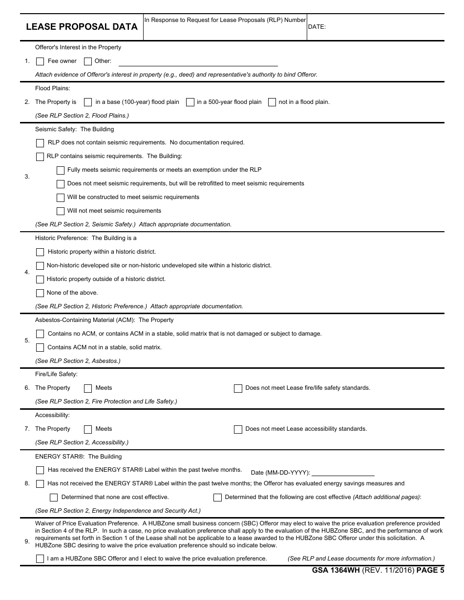 GSA Form 1364WH Proposal to Lease Space (For Use With Warehouse Request for Lease Proposals), Page 5