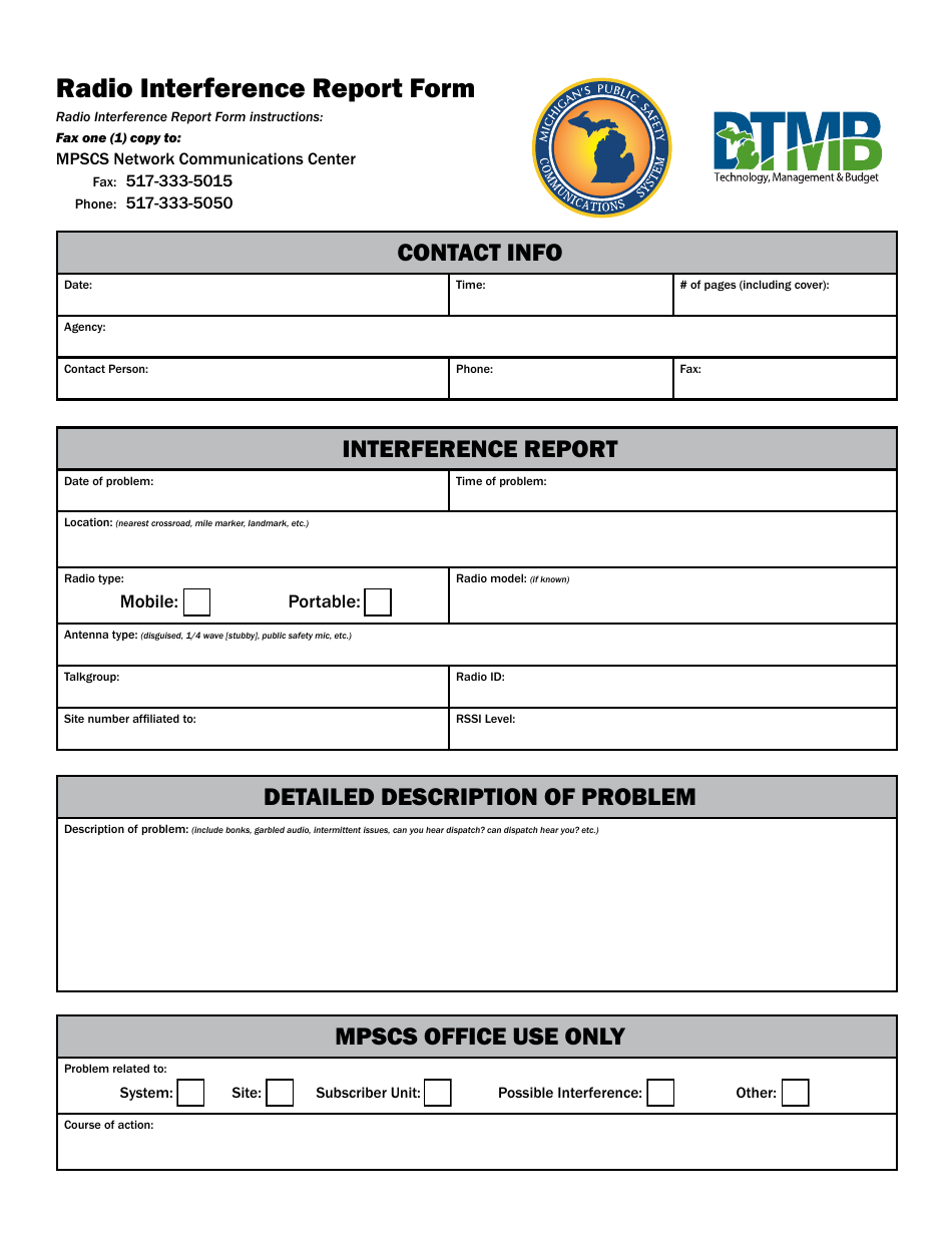 Radio Interference Report Form - Michigan, Page 1