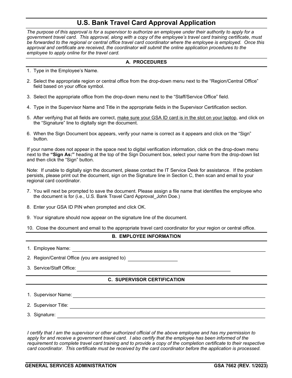 GSA Form 7662 U.S. Bank Travel Card Approval Application, Page 1