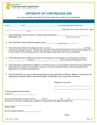 Document preview: Form L_050_F Affidavit of Continuous Use - City of Philadelphia, Pennsylvania