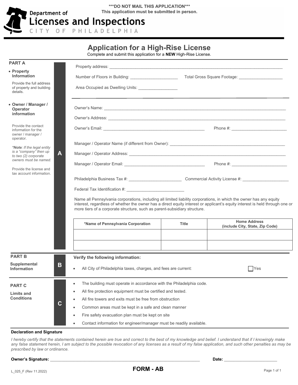 Form AB (L_025_F) Application for a High-Rise License - City of Philadelphia, Pennsylvania, Page 1