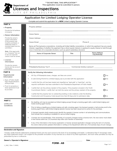 Form AB (L_036_F) Application for Limited Lodging Operator License - City of Philadelphia, Pennsylvania