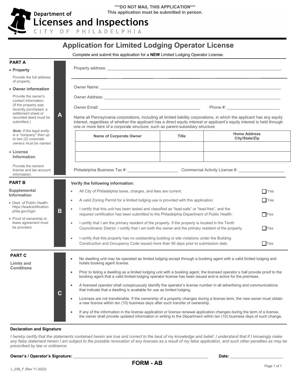 Form AB (L_036_F) Application for Limited Lodging Operator License - City of Philadelphia, Pennsylvania, Page 1