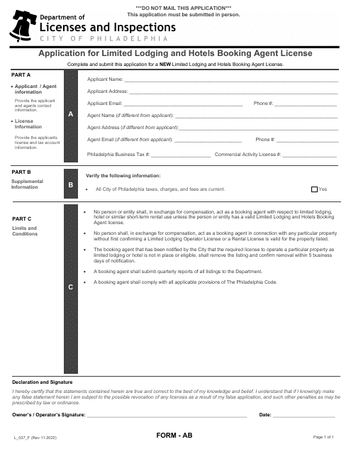 Form AB (L_037_F) Application for Limited Lodging and Hotels Booking Agent License - City of Philadelphia, Pennsylvania
