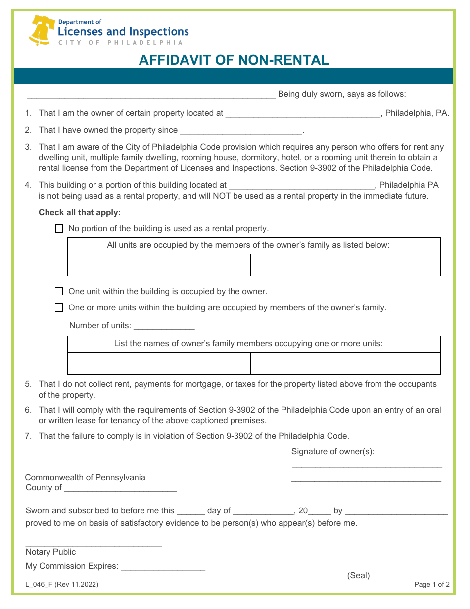 Form L_046_F Fill Out, Sign Online and Download Fillable PDF, City of