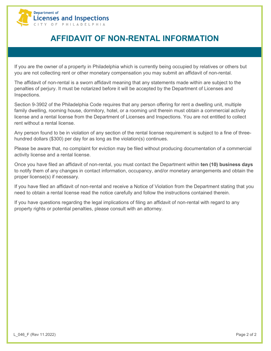 Form L_046_F Affidavit of Non-rental - City of Philadelphia, Pennsylvania, Page 2