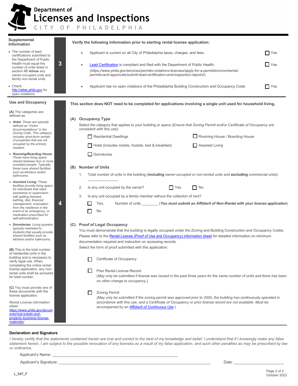 Form L_047_F Rental License Supplemental Information - City of Philadelphia, Pennsylvania, Page 2