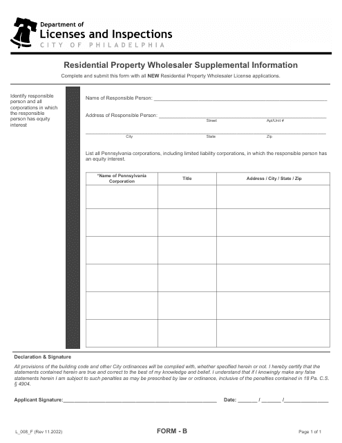 Form B (L_008_F) Residential Property Wholesaler Supplemental Information - City of Philapelphia, Pennsylvania