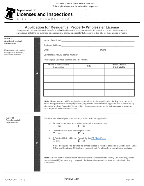 Form AB (L_006_F) Application for Residential Property Wholesaler License - City of Philadelphia, Pennsylvania
