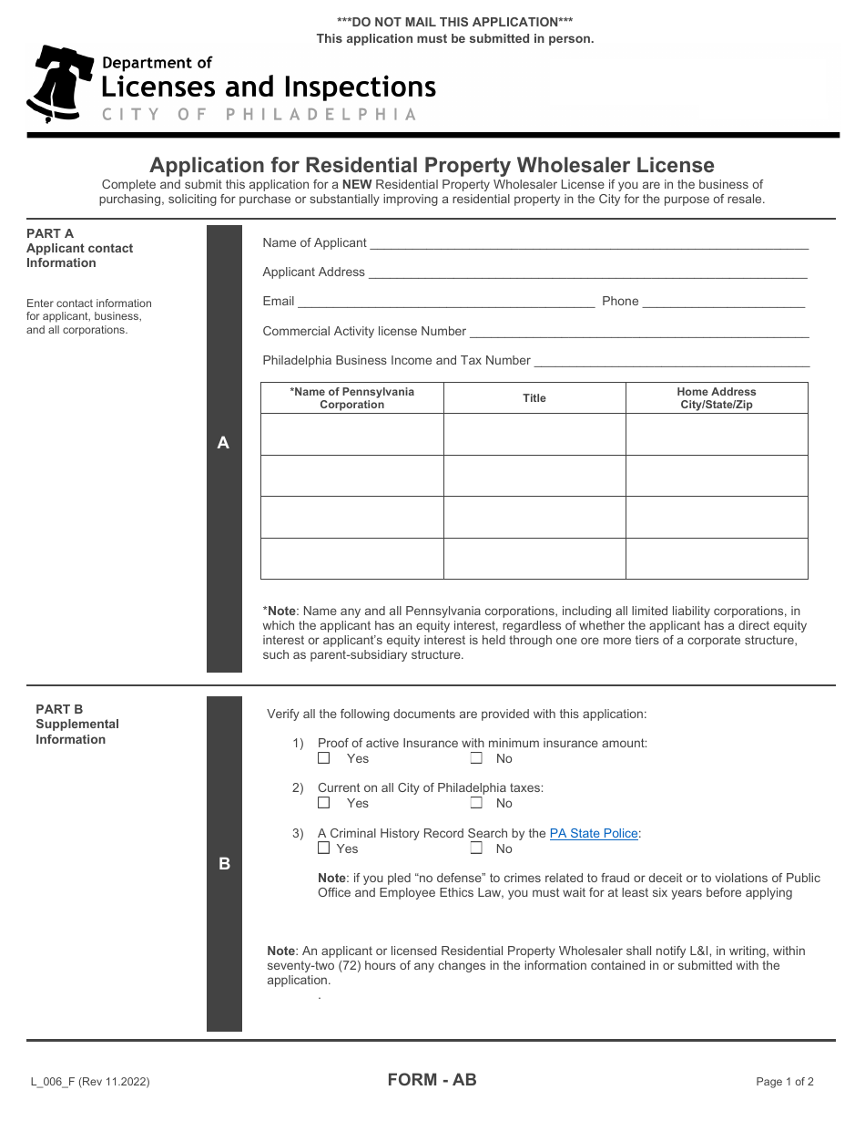 Form AB (L_006_F) Application for Residential Property Wholesaler License - City of Philadelphia, Pennsylvania, Page 1