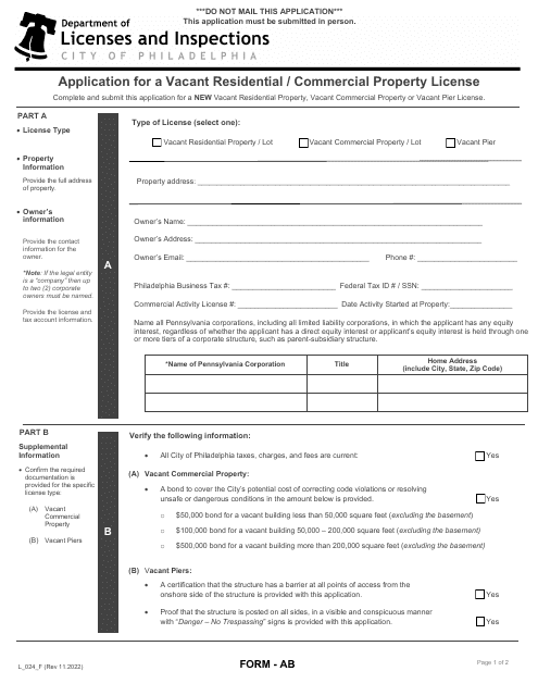 Form AB (L_024_F) Application for a Vacant Residential/Commercial Property License - City of Philadelphia, Pennsylvania