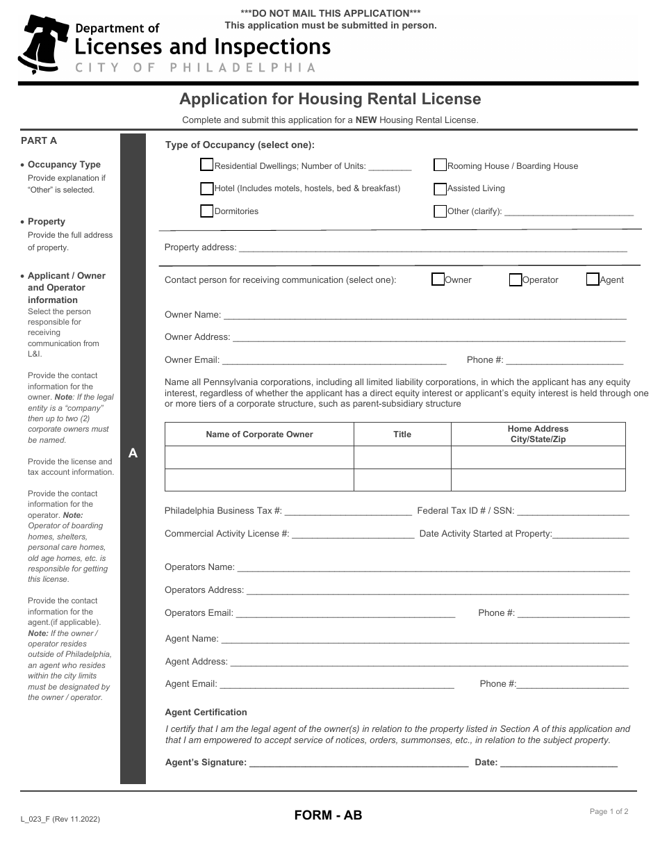 Form AB (L_023_F) Application for Housing Rental License - City of Philadelphia, Pennsylvania, Page 1