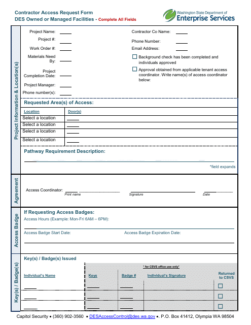 Contractor Access Request Form - DES Owned or Managed Facilities - Washington Download Pdf