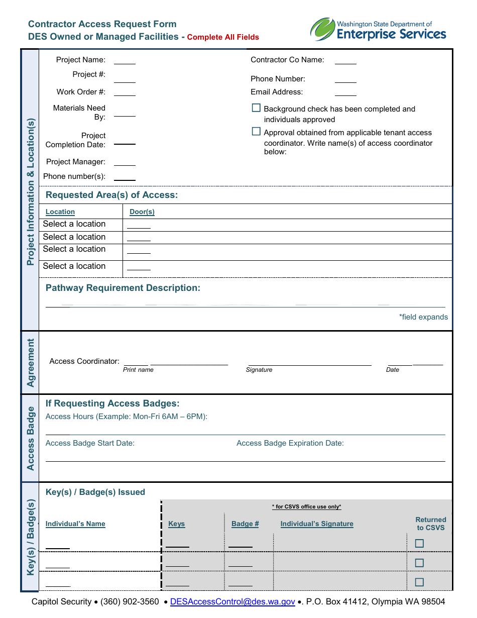 Contractor Access Request Form - DES Owned or Managed Facilities - Washington, Page 1