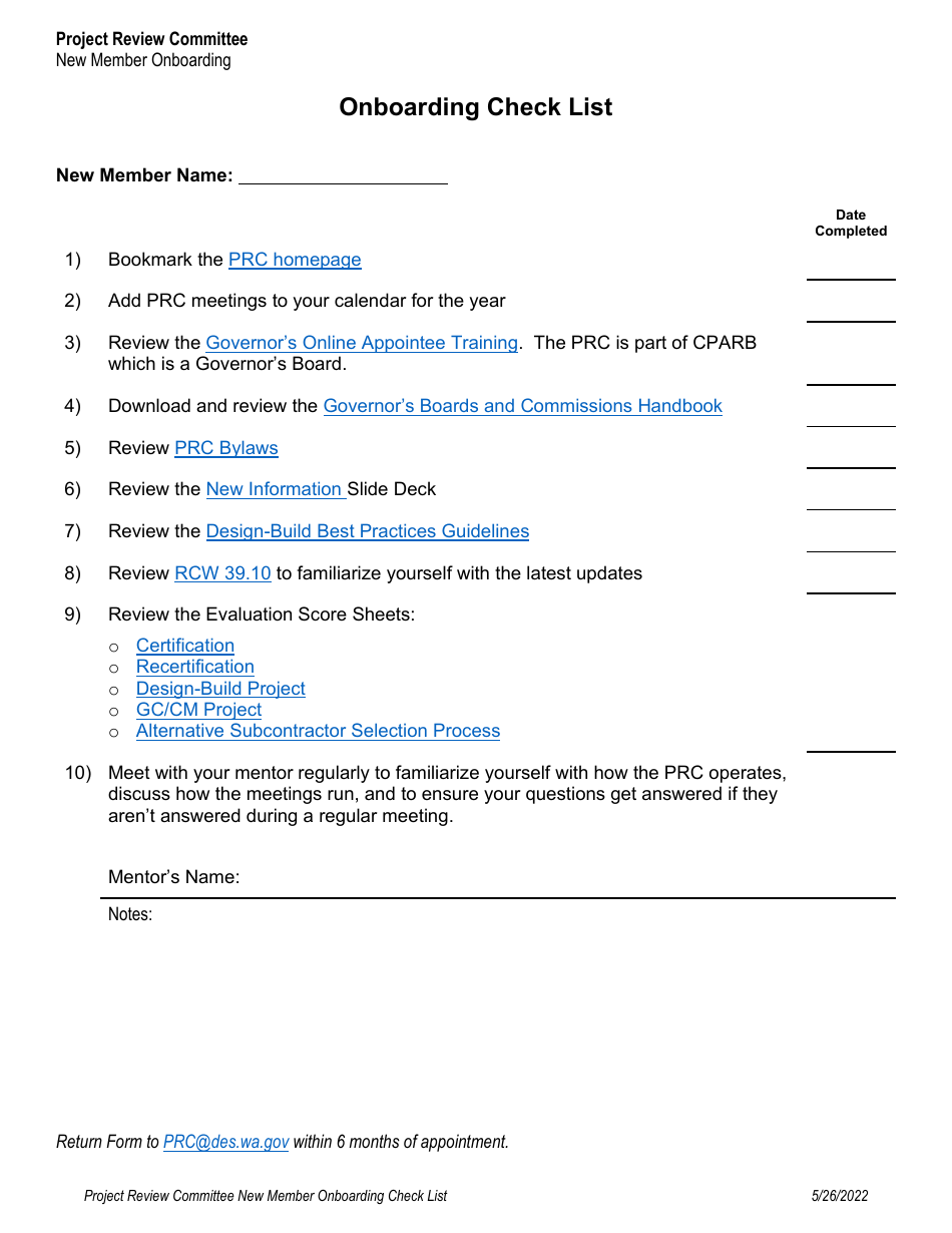 Project Review Committee New Member Onboarding Check List - Washington, Page 1