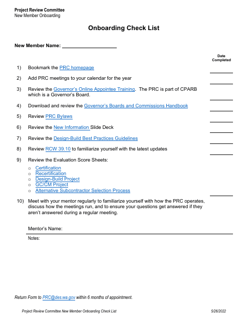 Project Review Committee New Member Onboarding Check List - Washington