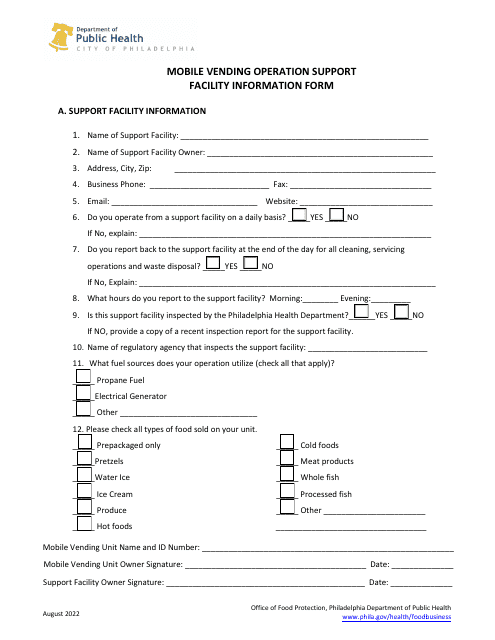 Mobile Vending Operation Support Facility Information Form - City of Philadelphia, Pennsylvania Download Pdf