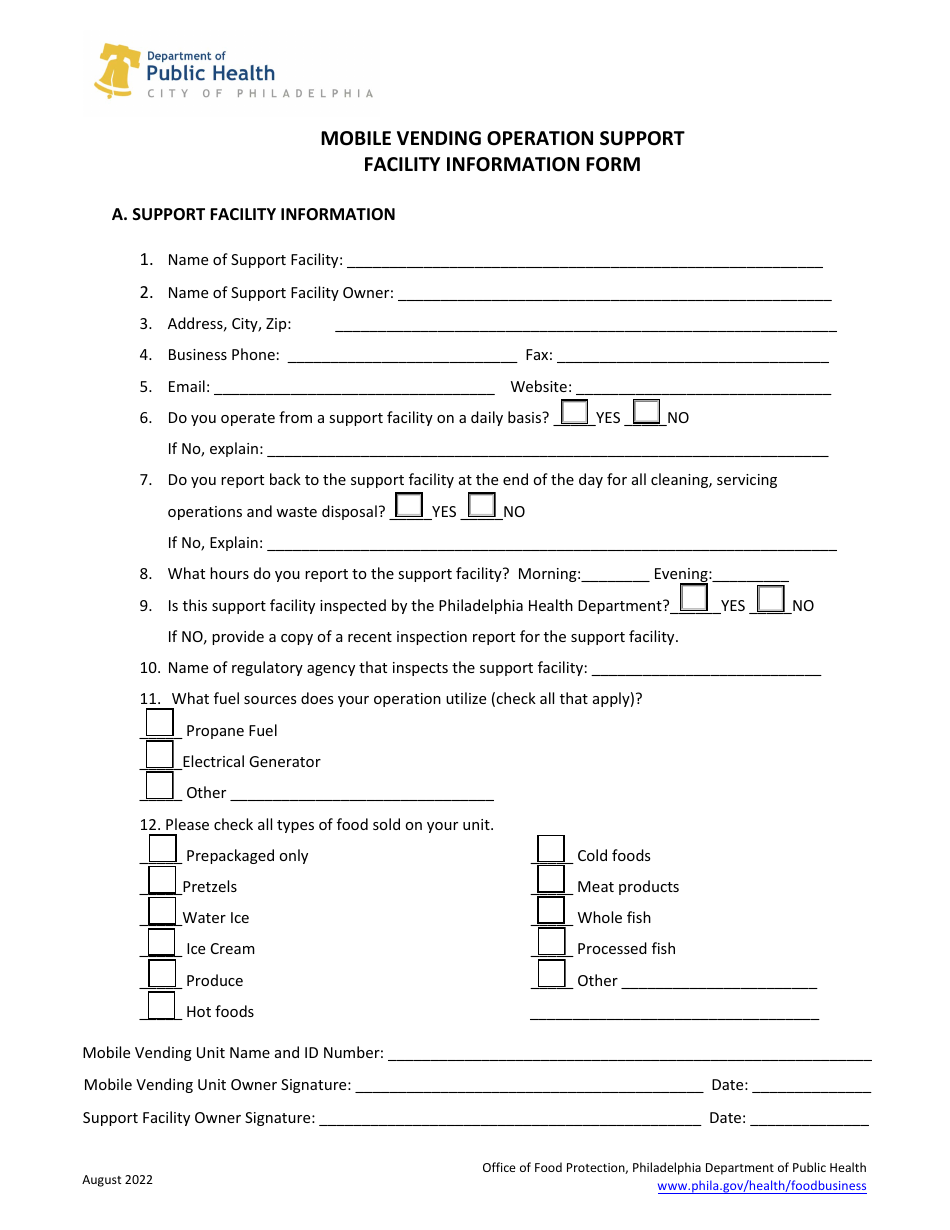 Mobile Vending Operation Support Facility Information Form - City of Philadelphia, Pennsylvania, Page 1