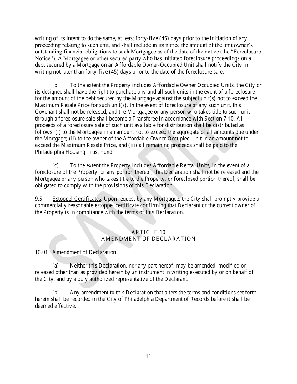 Declaration of Affordable Housing Covenants - Sample - City of Philadelphia, Pennsylvania, Page 11