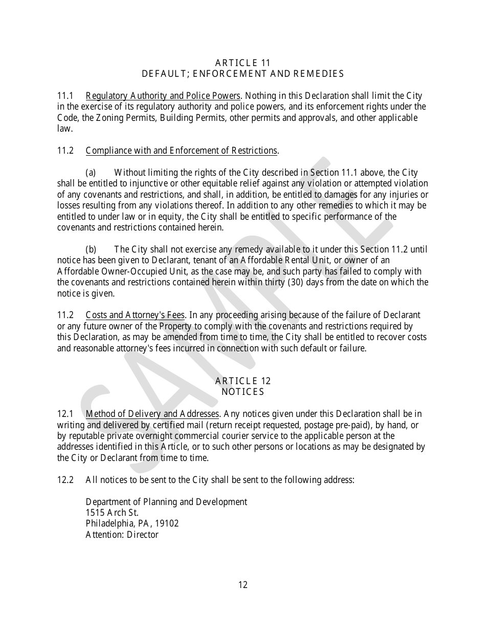 Declaration of Affordable Housing Covenants - Sample - City of Philadelphia, Pennsylvania, Page 12