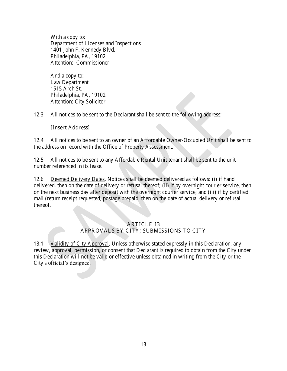Declaration of Affordable Housing Covenants - Sample - City of Philadelphia, Pennsylvania, Page 13
