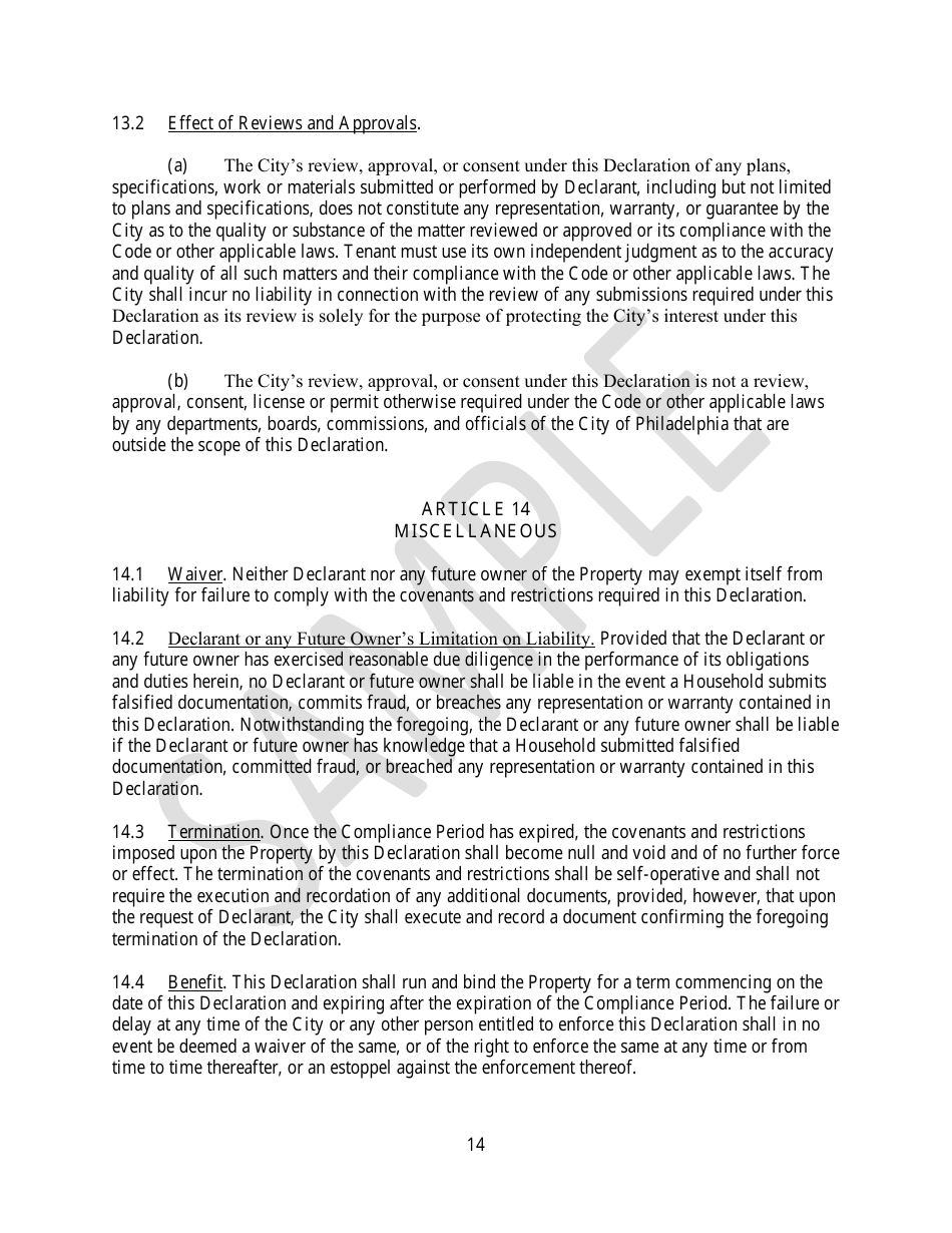 Declaration of Affordable Housing Covenants - Sample - City of Philadelphia, Pennsylvania, Page 14