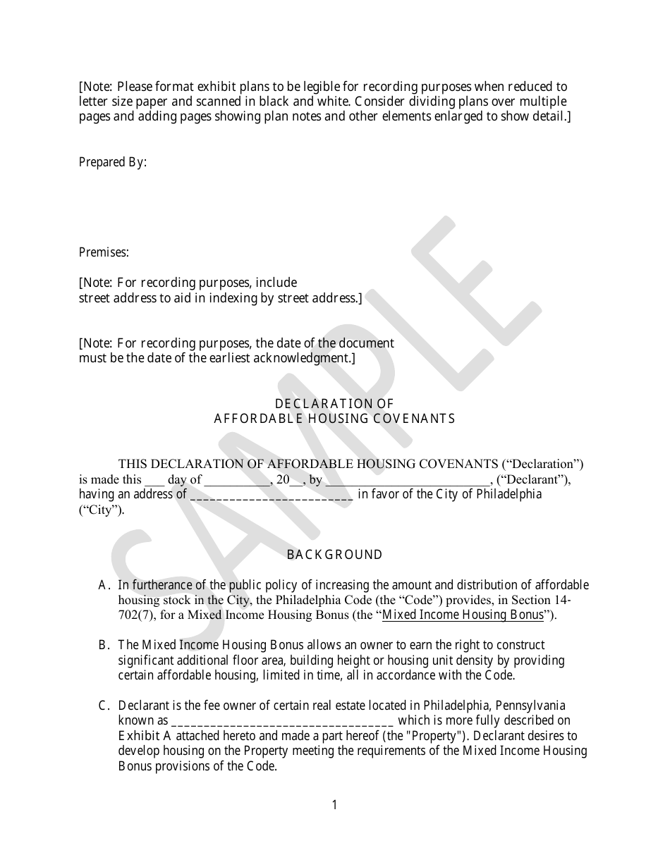 Declaration of Affordable Housing Covenants - Sample - City of Philadelphia, Pennsylvania, Page 1