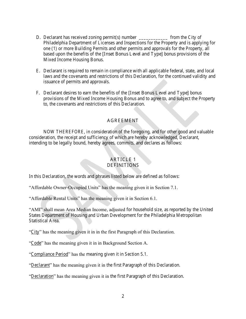 Declaration of Affordable Housing Covenants - Sample - City of Philadelphia, Pennsylvania, Page 2