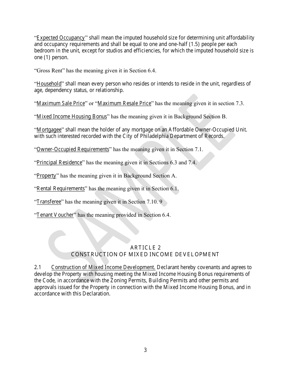 Declaration of Affordable Housing Covenants - Sample - City of Philadelphia, Pennsylvania, Page 3