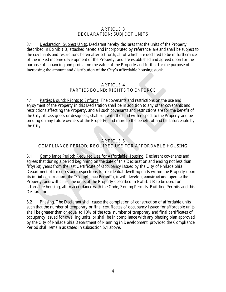Declaration of Affordable Housing Covenants - Sample - City of Philadelphia, Pennsylvania, Page 4