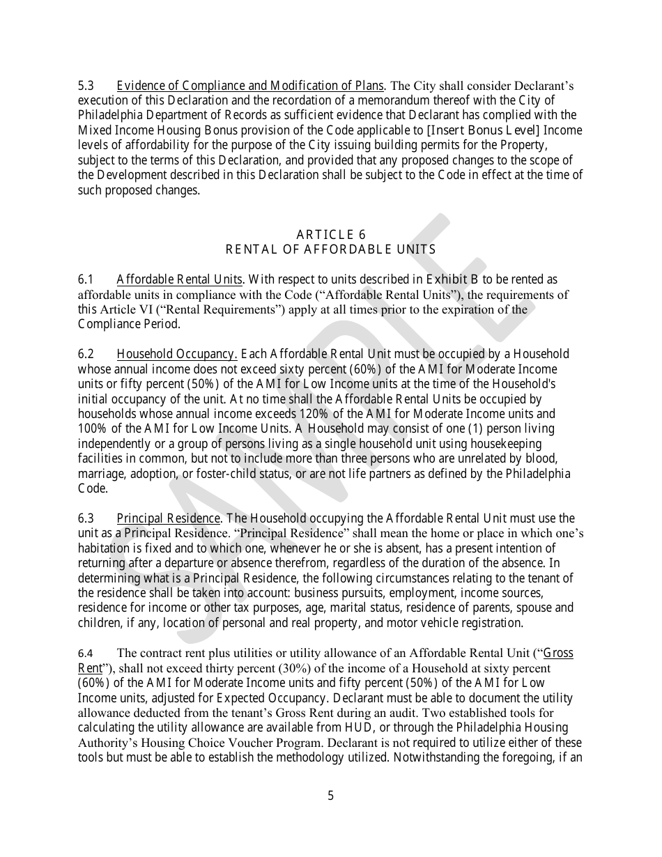 Declaration of Affordable Housing Covenants - Sample - City of Philadelphia, Pennsylvania, Page 5