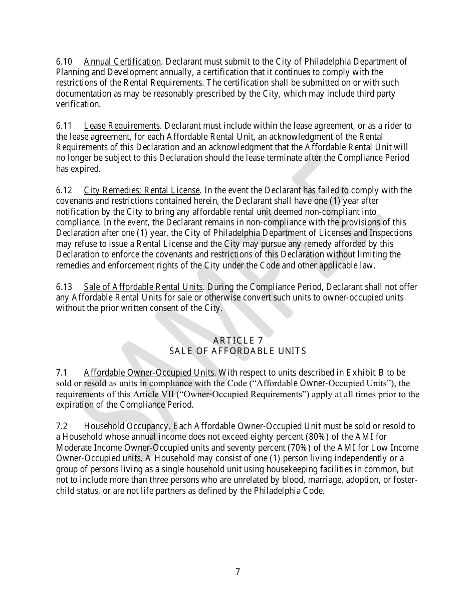 Declaration of Affordable Housing Covenants - Sample - City of Philadelphia, Pennsylvania, Page 7