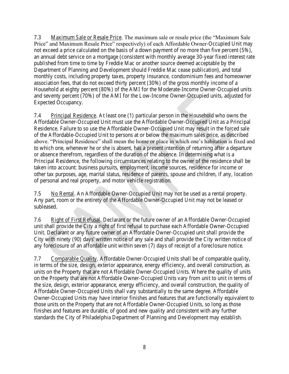 Declaration of Affordable Housing Covenants - Sample - City of Philadelphia, Pennsylvania, Page 8