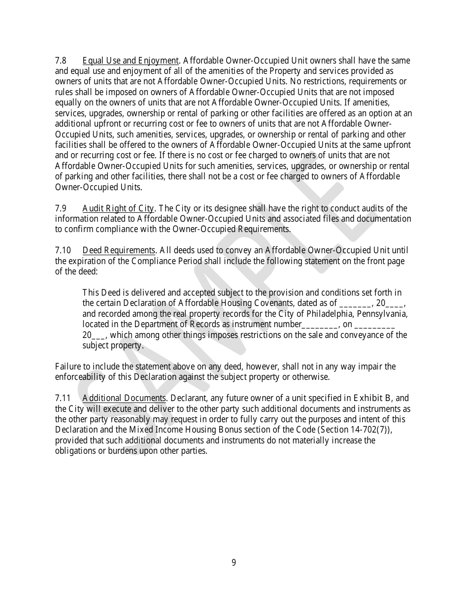 Declaration of Affordable Housing Covenants - Sample - City of Philadelphia, Pennsylvania, Page 9