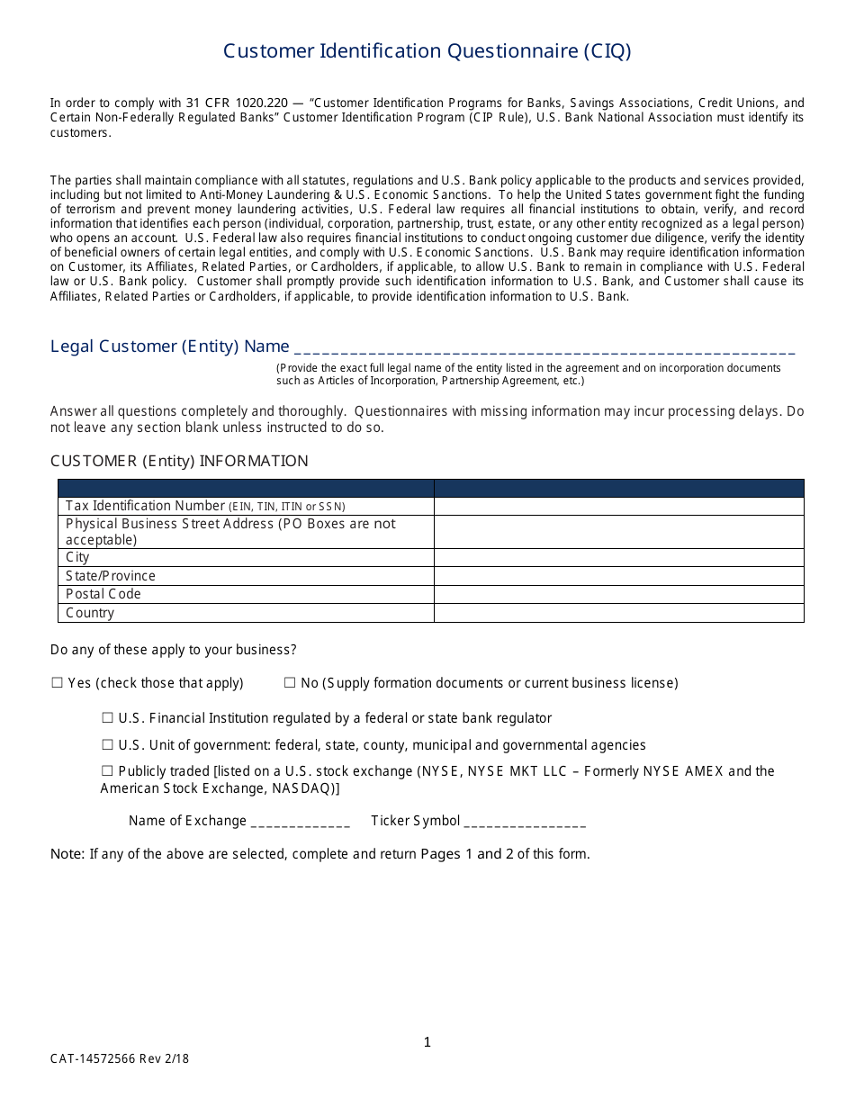 Form CAT-14572566 Customer Identification Questionnaire (Ciq) - Washington, Page 1