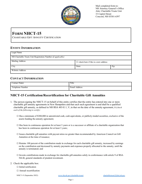 Form NHCT-15 Charitable Gift Annuity Certification - New Hampshire