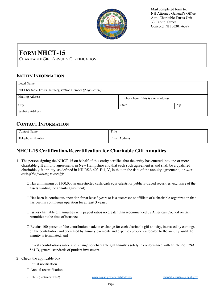 Form NHCT-15 Charitable Gift Annuity Certification - New Hampshire, Page 1