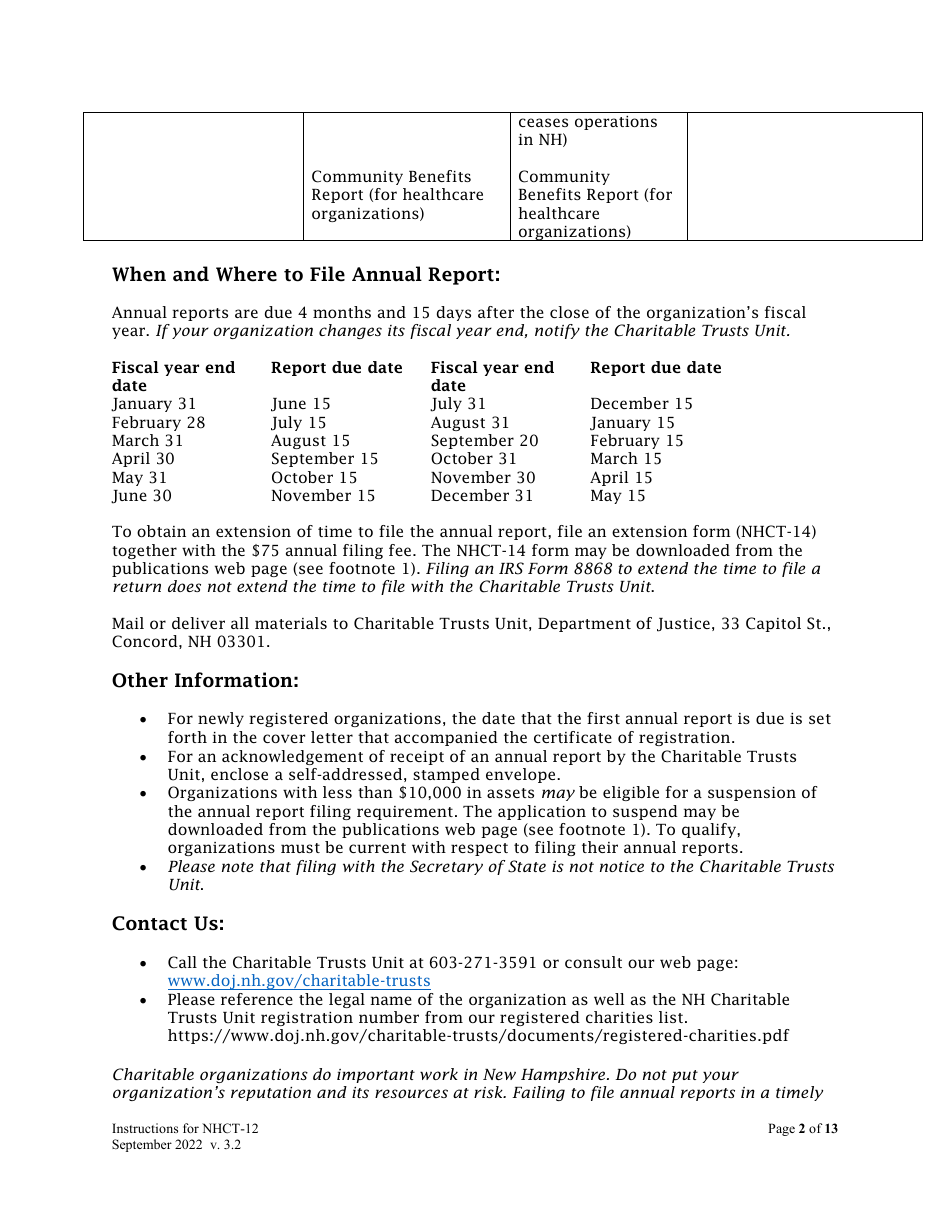 Instructions for Form NHCT-12 Annual Report - New Hampshire, Page 2